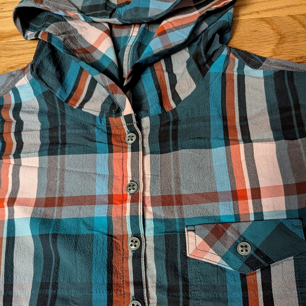 Prana Plaid Hooded Blouse - Teal, Orange, Gray - Picture 3 of 6